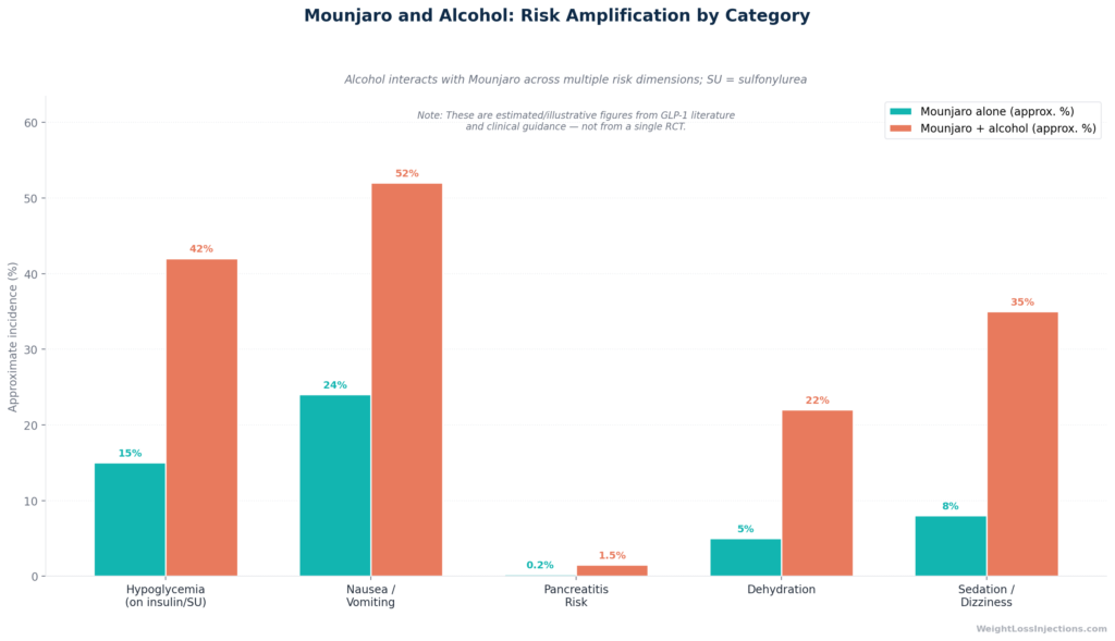 Risk matrix heatmap showing alcohol risk levels — low, moderate, and high — segmented by Mounjaro user type (T2DM with insulin/sulfonylurea, T2DM only, weight-loss off-label) across light, moderate, and heavy drinking levels, with color-coded risk cells and annotation explaining the compounding hypoglycemia risk for the high-risk group.