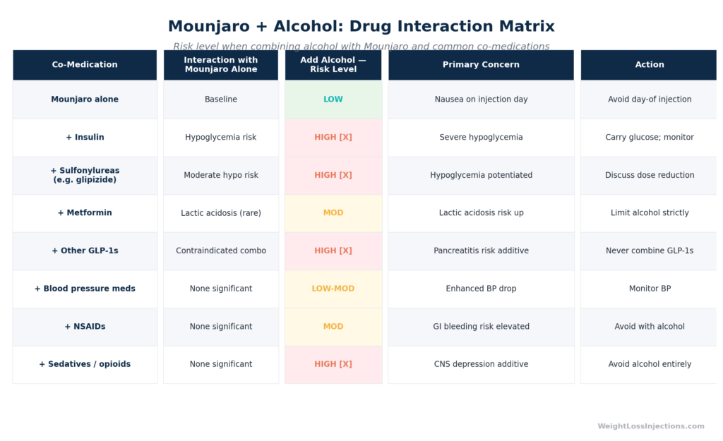 Bubble chart illustrating the relationship between drinking level (light, moderate, heavy on the x-axis) and GI side effect severity (none, mild, moderate, severe on the y-axis) for Mounjaro patients, with bubble size representing frequency of reports — showing that heavy drinking during dose escalation produces the largest, highest-severity bubble; annotated with key takeaway: "avoid alcohol during the first 1–2 weeks after each dose increase."