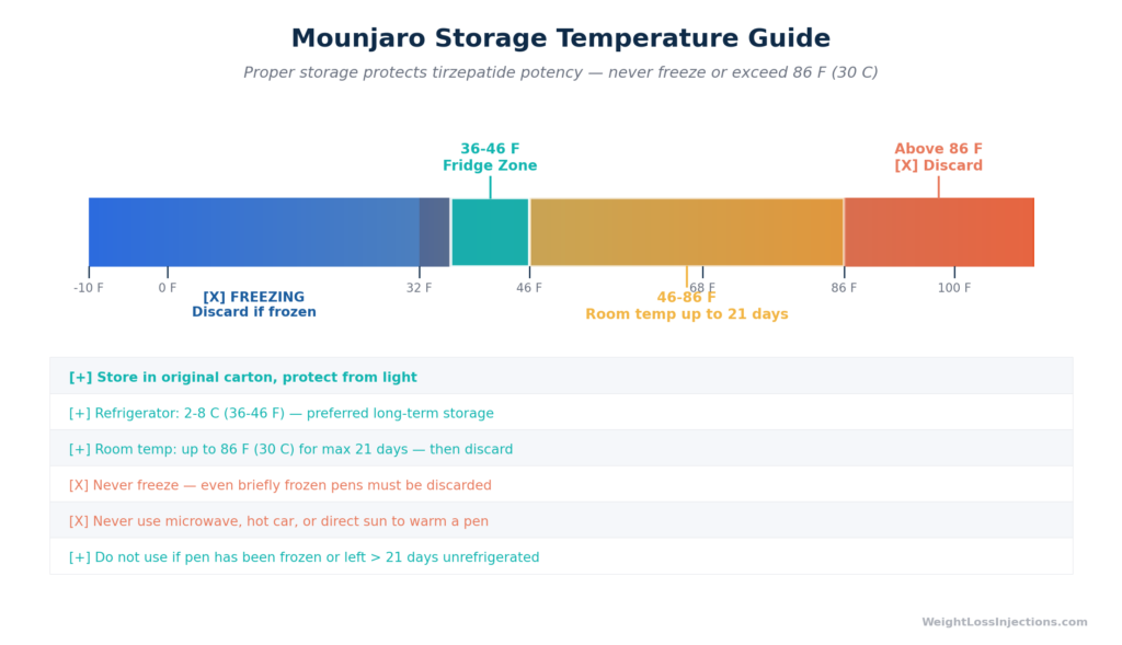 Annotated horizontal thermometer/range chart showing Mounjaro temperature safety zones — frozen below 0°C (discard, blue/purple), safe refrigerated storage 2–8°C (green), acceptable room temperature 8–30°C for up to 21 days (yellow), and unsafe heat exposure above 30°C (red/discard) — with Fahrenheit and Celsius scales labeled and a KwikPen icon for reference