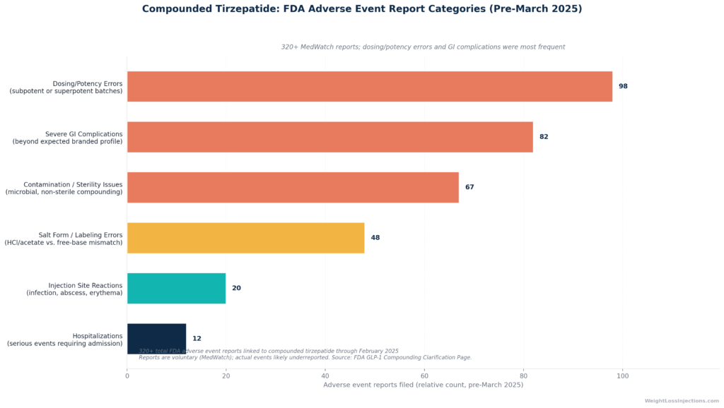 Horizontal bar chart titled "Types of Adverse Events Reported with Compounded Tirzepatide (Pre-March 2025)"