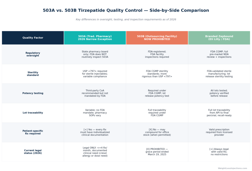 Styled side-by-side comparison table titled "Branded vs. Compounded Tirzepatide