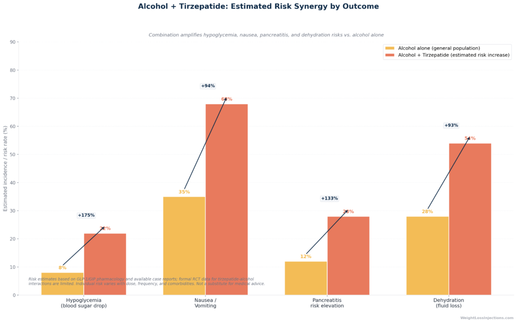 Conceptual diagram showing a slowed gastric emptying curve under tirzepatide overlaid with an alcohol absorption curve — illustrating how alcohol lingers longer in the stomach when gastric emptying is delayed, contributing to amplified nausea and altered blood alcohol concentration.