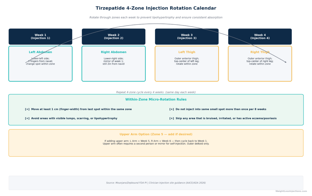 Color-coded table showing required draw volumes for tirzepatide doses (2.5 mg through 15 mg) across three vial concentrations (2.5 mg/mL, 5 mg/mL, 10 mg/mL). Title: "Compounded Tirzepatide: Dose Volume Reference." Each concentration column is color-coded (light blue for 2.5 mg/mL, green for 5 mg/mL, orange for 10 mg/mL). Cells where volume exceeds 1.0 mL are highlighted in yellow with a warning icon. Footer note: "Always confirm your vial concentration before drawing. Never assume.