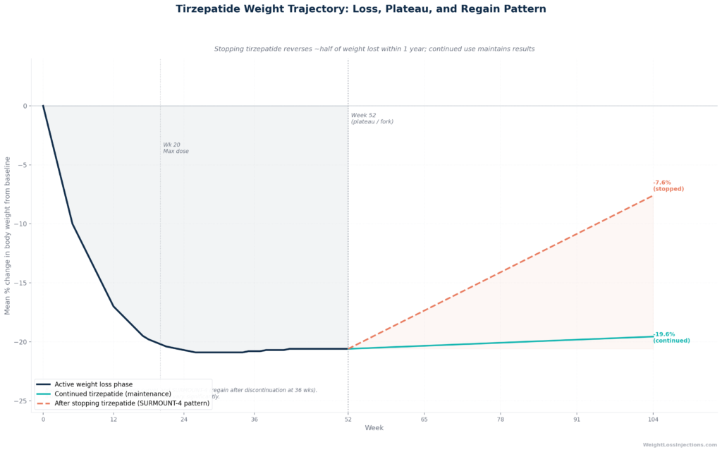 Line chart showing mean percent body weight change over 72 weeks for tirzepatide 5 mg, 10 mg, and 15 mg arms versus placebo from SURMOUNT-1, with annotations highlighting the rapid early loss phase (weeks 1–24), the deceleration phase (weeks 24–52), and the plateau phase (weeks 52–72)