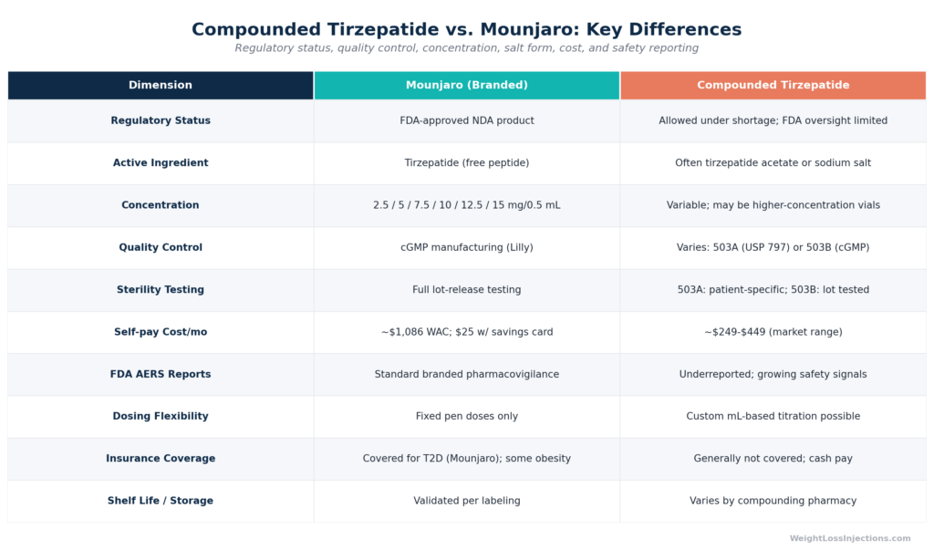 Venn diagram showing same tirzepatide molecule at the center of Mounjaro and compounded tirzepatide circles