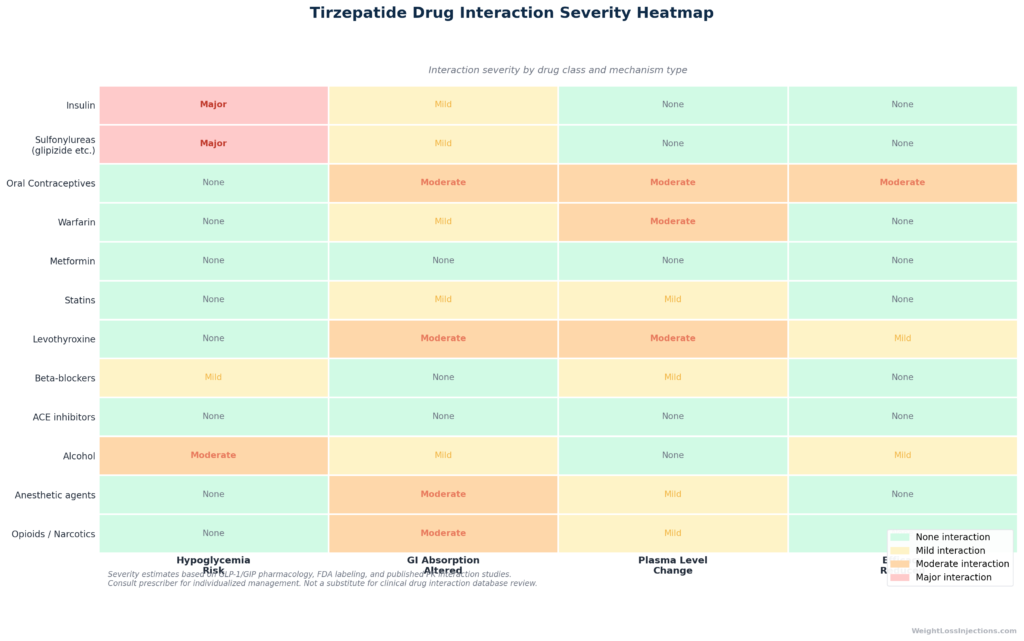 Annotated weekly dosing timeline showing tirzepatide's gastric emptying effect: most pronounced 24–48 hours post-injection but persistent throughout the week at steady state, illustrating why the drug interaction is not limited to injection day.