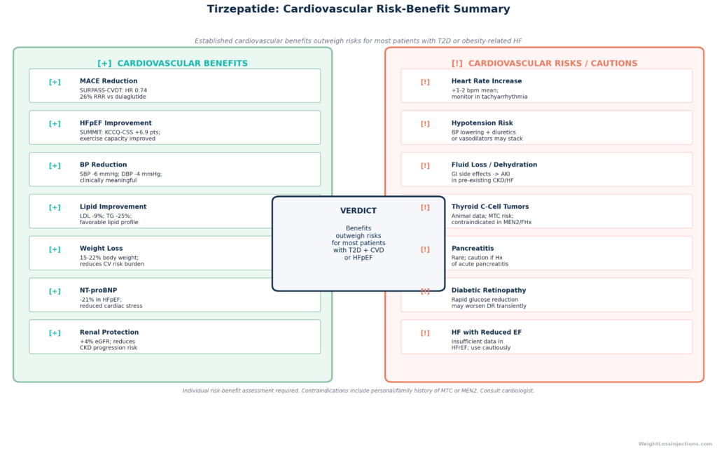Radar/spider chart showing tirzepatide 15 mg cardiometabolic effect profile across six axes: body weight (-20%), systolic BP (-7 mmHg), triglycerides (-20%), LDL (-7%), HDL (+4%), hsCRP (-35%), with comparison callout noting this addresses all components of metabolic syndrome simultaneously